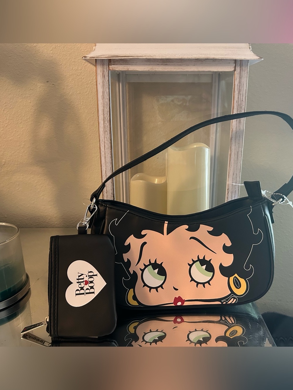 Betty Boop Black Shoulder Bag with Pink Face Graphic and Matching Wallet